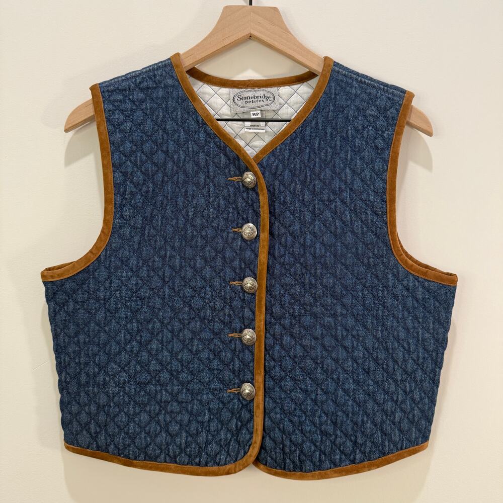 Vintage Quilted Denim Style Vest Petite Medium Blue Brown Velvet Trim